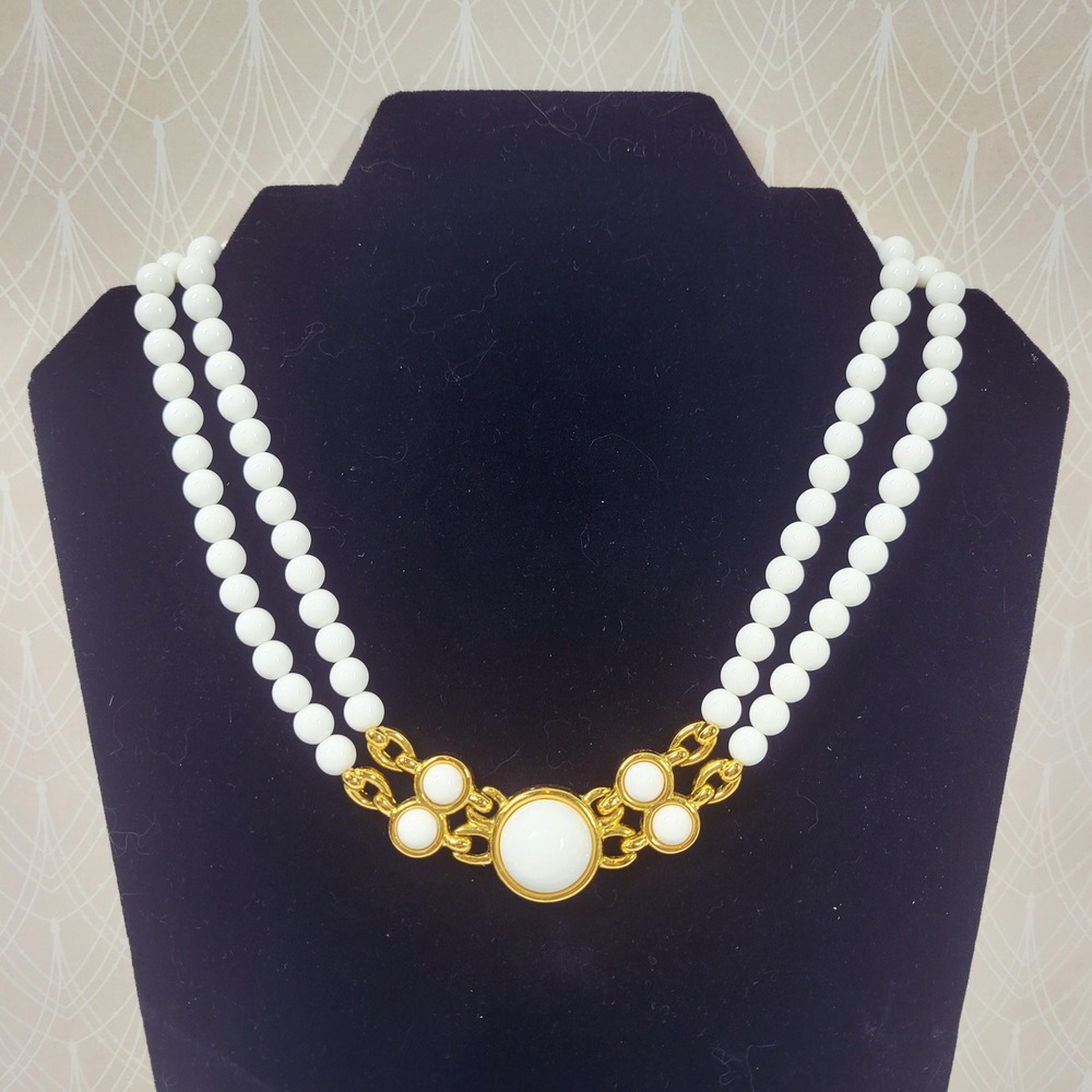 Vintage Monet double strand white beaded necklace statement cabochon center